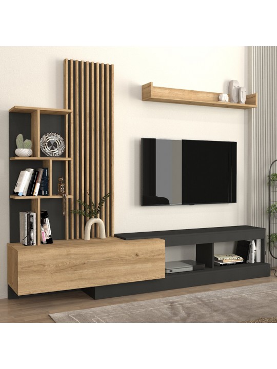 Σύνθεση τηλεόρασης Vermont Megapap χρώμα ανθρακί - sepet oak 240x40x192εκ.