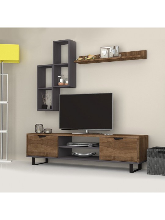 Σύνθεση τηλεόρασης Lonsa Megapap από μελαμίνη χρώμα καρυδί - γκρι 160x35x40εκ.