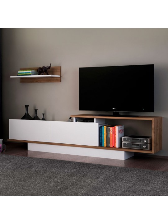 Έπιπλο τηλεόρασης Novara Megapap από μελαμίνη χρώμα λευκό - καρυδί 180x29,6x45εκ.