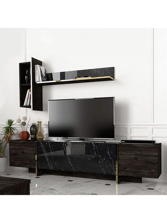 Σύνθεση τηλεόρασης Veyron Megapap από μελαμίνη χρώμα μαύρο rebab - μαύρο εφέ μαρμάρου 180x33x45εκ.