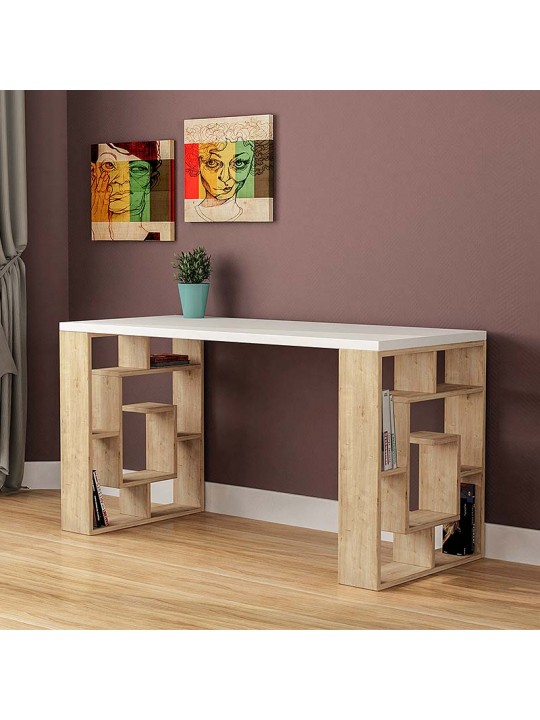 Γραφείο εργασίας Labirent Megapap από μελαμίνη χρώμα φυσικό οξιάς - λευκό 140x60x75εκ