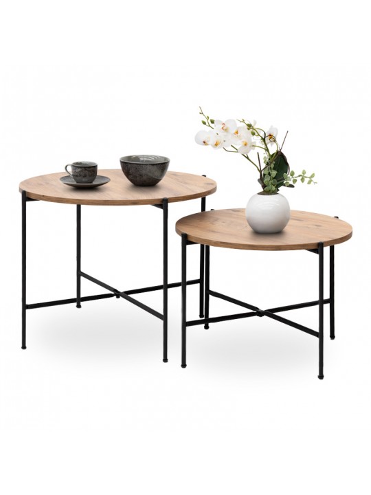 Σετ τραπεζάκια σαλονιού Zayden Megapap 2 τμχ μεταλλικό - μελαμίνης χρώμα pine oak 65x65x52εκ.