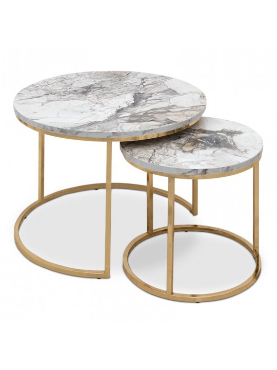 Τραπεζάκια σαλονιού Gary Megapap Mdf - μεταλλικό χρώμα μπεζ εφέ μαρμάρου - χρυσό 65x65x44εκ.