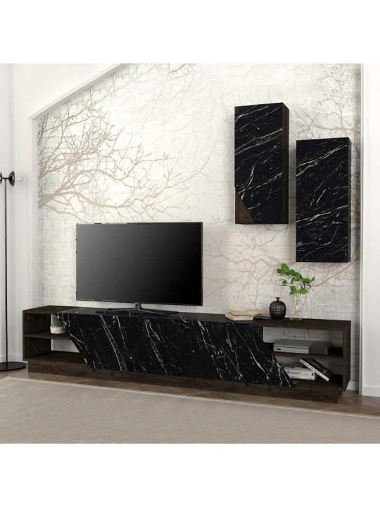 Σύνθεση τηλεόρασης River Megapap από μελαμίνη χρώμα μαύρο rebab - μαύρο εφέ μαρμάρου 240x36,6x47εκ.