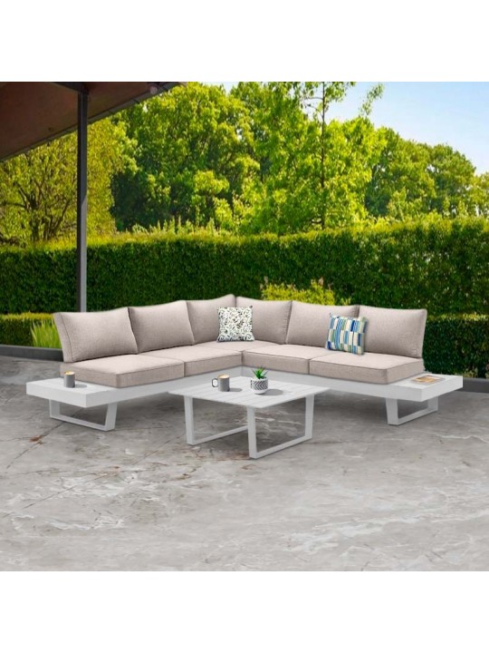 Σαλόνι κήπου γωνιακό Lyra Megapap σετ 3 τμχ μέταλλο - ξύλο χρώμα λευκό