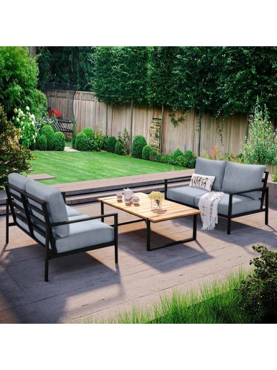 Σαλόνι κήπου Ermis Megapap σετ 3 τμχ μέταλλο - ξύλο χρώμα μαύρο - γκρι