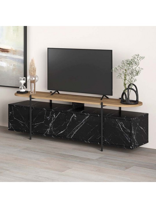 Έπιπλο τηλεόρασης Hanley Megapap από μελαμίνη χρώμα μαύρο εφέ μαρμάρου 160x35,6x48εκ.