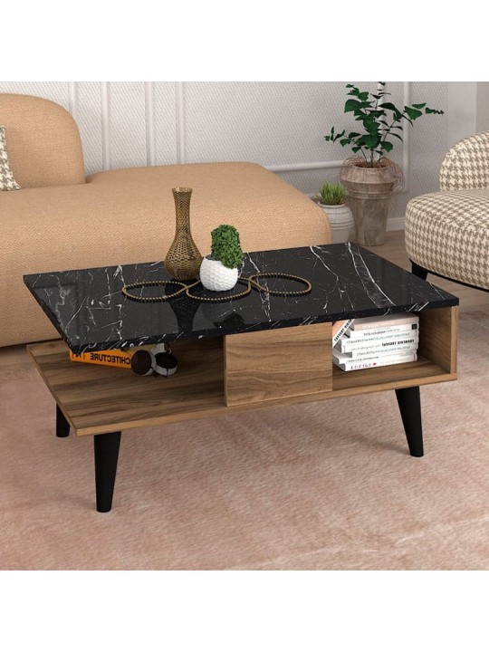 Τραπεζάκι σαλονιού Andros Megapap χρώμα καρυδί - μαύρο εφέ μαρμάρου 90x54x39,6εκ.