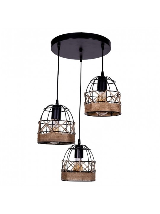 Φωτιστικό οροφής Lino Megapap E27 μεταλλικό - σχοινί τρίφωτο χρώμα μαύρο 40x40x80εκ.