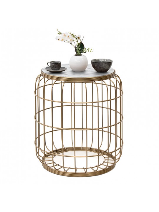 Σκαμπώ - τραπεζάκι βοηθητικό Muller Megapap μεταλλικό - Mdf χρώμα χρυσό - λευκό 35x35x47εκ.