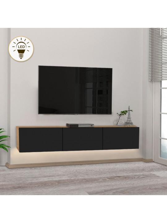 Έπιπλο τηλεόρασης επιτοίχιο Damla Megapap με LED χρώμα sapphire oak - μαύρο 180x29,5x29,5εκ.