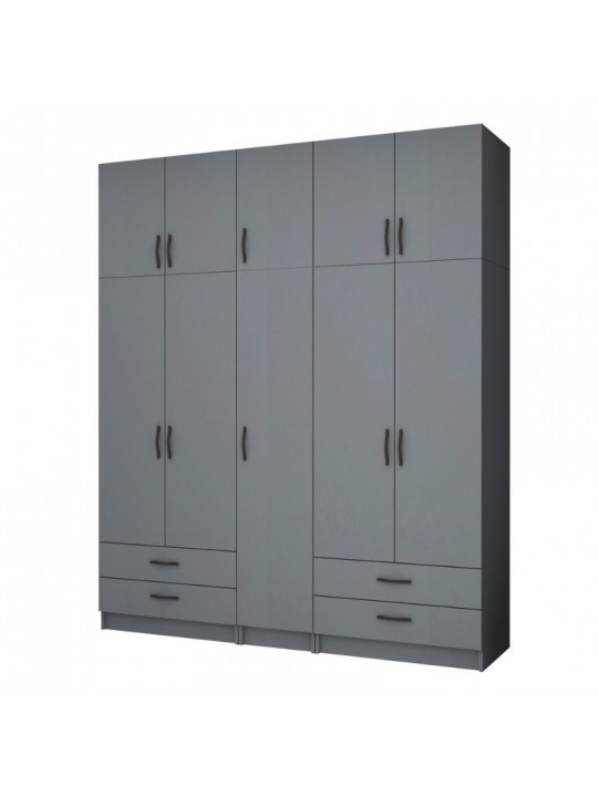 Ντουλάπα ρούχων Ricardo Megapap πεντάφυλλη με πατάρι και συρτάρια χρώμα ανθρακί 200x51,8x240εκ.