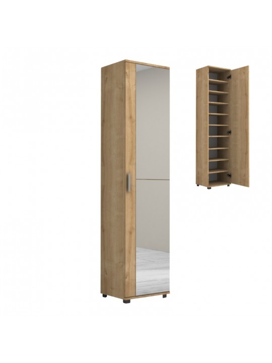 Ντουλάπα ρούχων - παπουτσοθήκη Visla Megapap μονόφυλλη με καθρέπτη χρώμα φυσικό οξιάς 45x36x187εκ.
