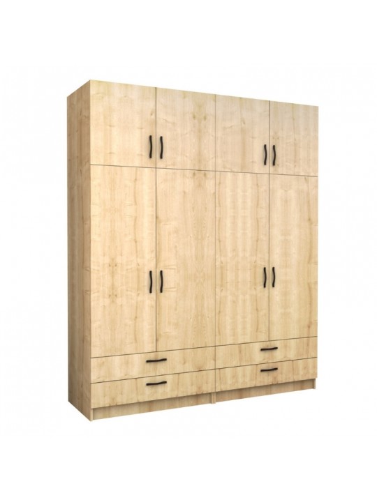 Ντουλάπα ρούχων Victoria Megapap τετράφυλλη με πατάρι και συρτάρια χρώμα φυσικό οξιάς 200x60x240εκ.