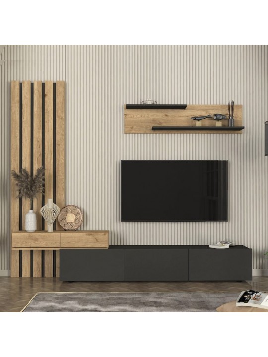 Σύνθεση τηλεόρασης Rosaline Megapap χρώμα ανθρακί - sepet oak 233x31,3x196,8εκ.