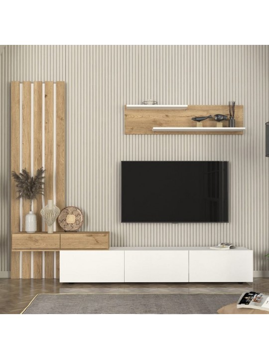 Σύνθεση τηλεόρασης Rosaline Megapap χρώμα λευκό - sepet oak 233x31,3x196,8εκ.