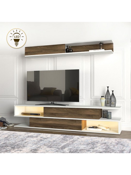 Σύνθεση τηλεόρασης Manet Megapap με LED χρώμα λευκό - καρυδί 180x29,5x39εκ.