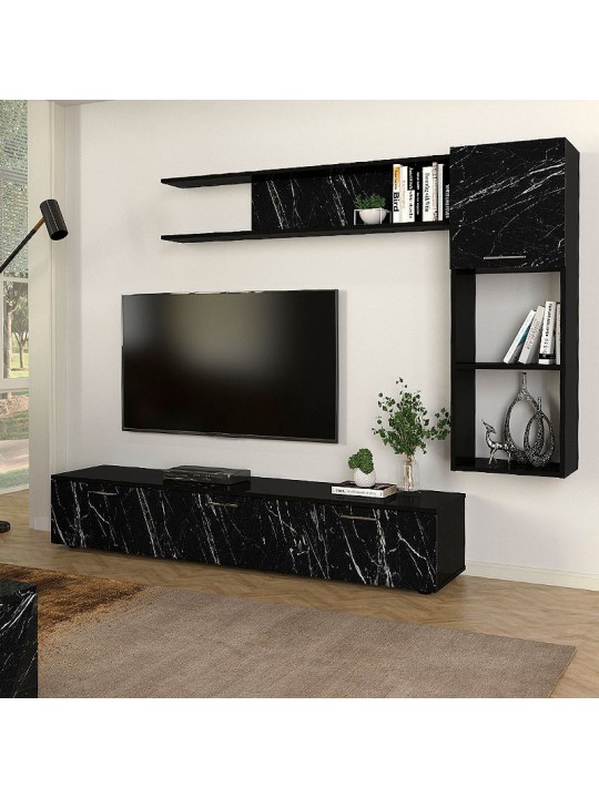 Σύνθεση τηλεόρασης Darcy Megapap χρώμα μαύρο εφέ μαρμάρου - μαύρο 180x40x33εκ.