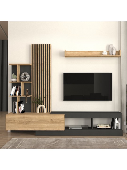 Σύνθεση τηλεόρασης Vermont Megapap χρώμα ανθρακί - sepet oak 240x40x192εκ.