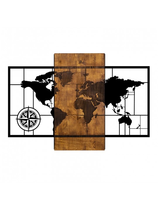 Διακοσμητικό τοίχου World Map Megapap ξύλινο - μεταλλικό χρώμα καρυδί - μαύρο 85x3x58εκ.