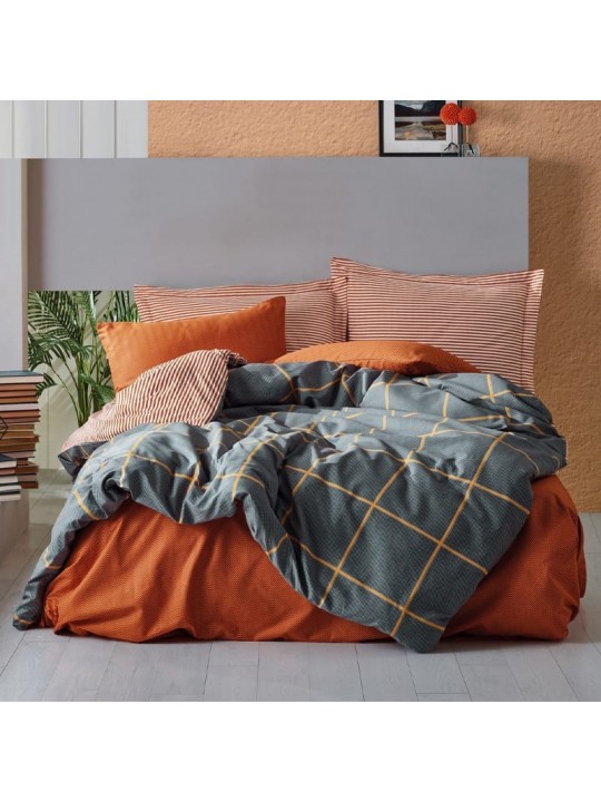 Σετ παπλωματοθήκη Stark Cotton Box 3 τμχ Μονή (160x220) χρώμα cinnamon - μπλε