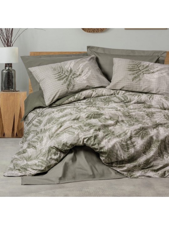 Σετ παπλωματοθήκη Frond Cotton Box 4 τμχ Διπλή (200x220) χρώμα χακί