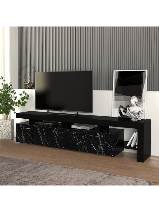 Έπιπλο τηλεόρασης Acnes Megapap χρώμα μαύρο - μαύρο εφέ μαρμάρου 220x40x52εκ.