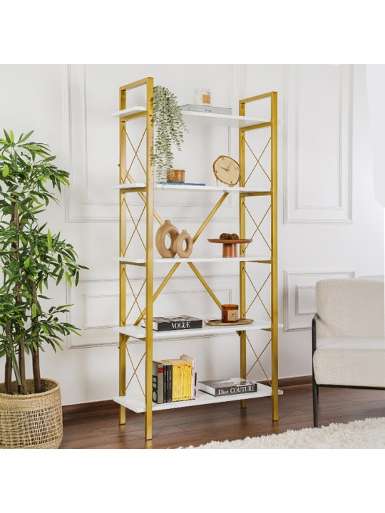 Βιβλιοθήκη Elysian Megapap χρώμα λευκό - χρυσό 90x33,5x180εκ.