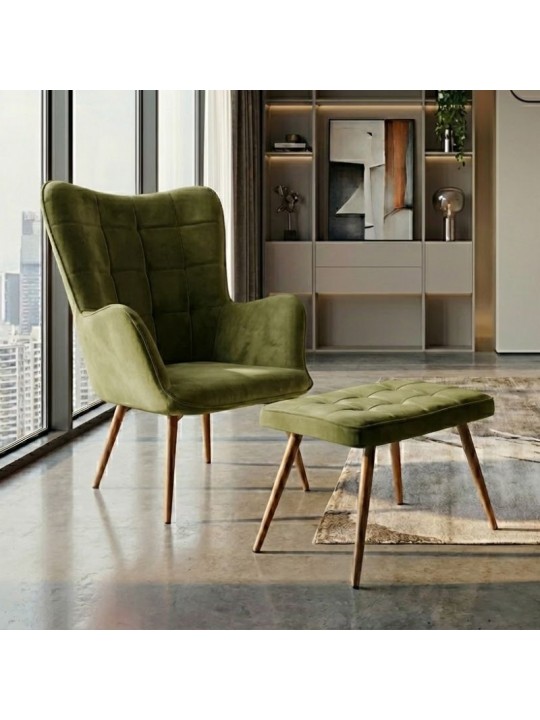 Πολυθρόνα - Μπερζέρα με υποπόδιο Lily Megapap λαδί βελούδο - μεταλλικό πόδι χρώμα φυσικό 70x62x98εκ.