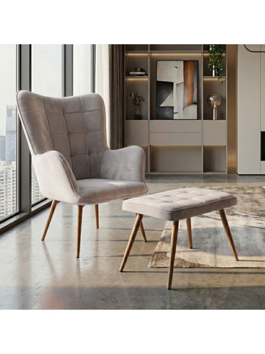 Πολυθρόνα - Μπερζέρα με υποπόδιο Lily Megapap μπεζ βελούδο - μεταλλικό πόδι χρώμα φυσικό 70x62x98εκ.