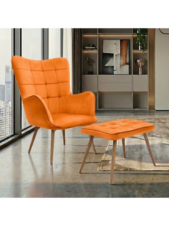 Πολυθρόνα - Μπερζέρα με υποπόδιο Lily Megapap κροκί βελούδο - μεταλλικό πόδι χρώμα φυσικό 70x62x98εκ.