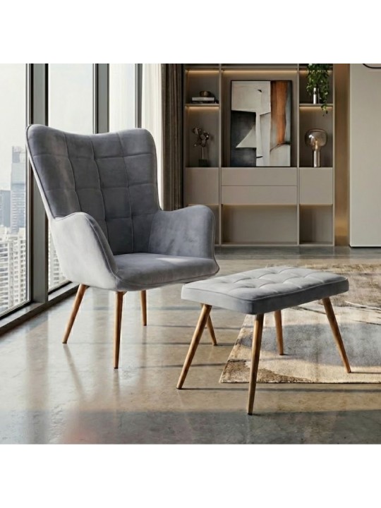 Πολυθρόνα - Μπερζέρα με υποπόδιο Lily Megapap γκρι βελούδο - μεταλλικό πόδι χρώμα φυσικό 70x62x98εκ.