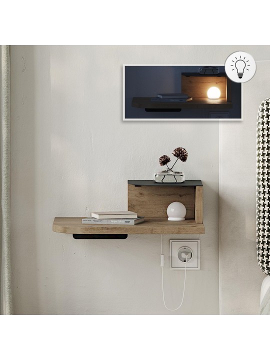 Κομοδίνο επιτοίχιο Luno Megapap με LED χρώμα sepet oak 40x30x16,2εκ.