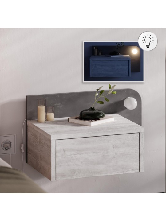 Κομοδίνο επιτοίχιο Dotta Megapap με LED χρώμα λευκό αντικέ - γκρι ρετρό 52x33,6x28εκ.