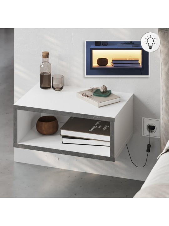 Κομοδίνο επιτοίχιο Brik Megapap με LED χρώμα λευκό - γκρι ρετρό 45x30x18εκ.