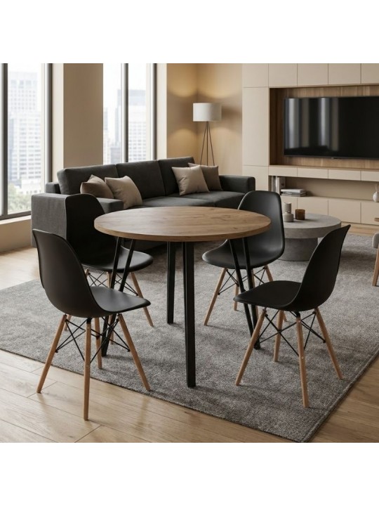 Σετ τραπεζαρία 5τμχ Xana - Nova Megapap χρώμα sepet oak - μαύρο Ø90x77,7εκ.