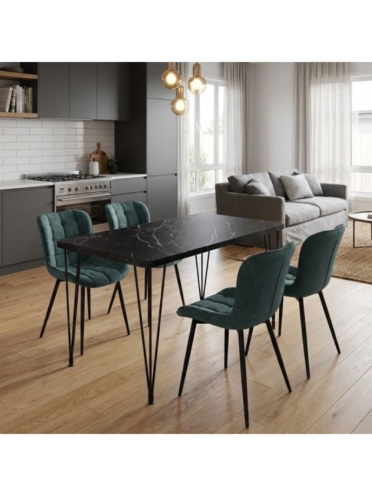 Σετ τραπεζαρία 5τμχ Roger - Chiara Megapap Mdf - ύφασμα χρώμα μαύρο εφέ μαρμάρου - πράσινο 120x70x75εκ.