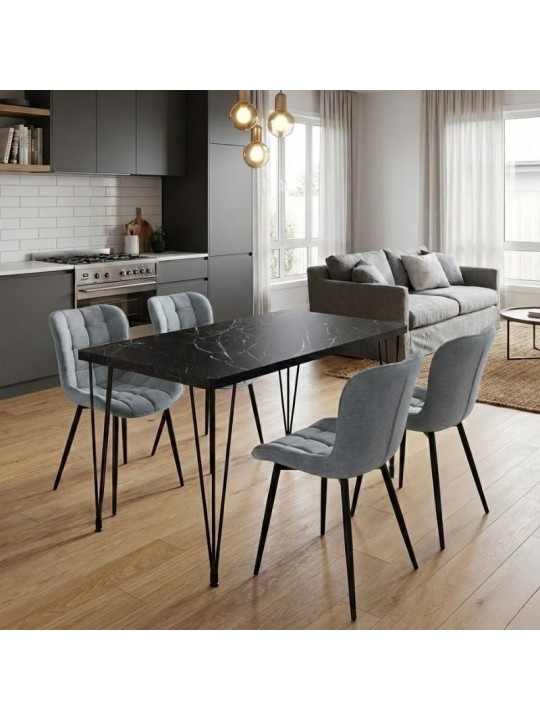 Σετ τραπεζαρία 5τμχ Roger - Chiara Megapap Mdf - ύφασμα χρώμα μαύρο εφέ μαρμάρου - γκρι 120x70x75εκ.