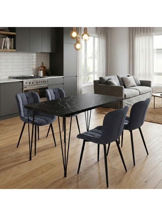 Σετ τραπεζαρία 5τμχ Roger - Chiara Megapap Mdf - ύφασμα χρώμα μαύρο εφέ μαρμάρου - ανθρακί 120x70x75εκ.