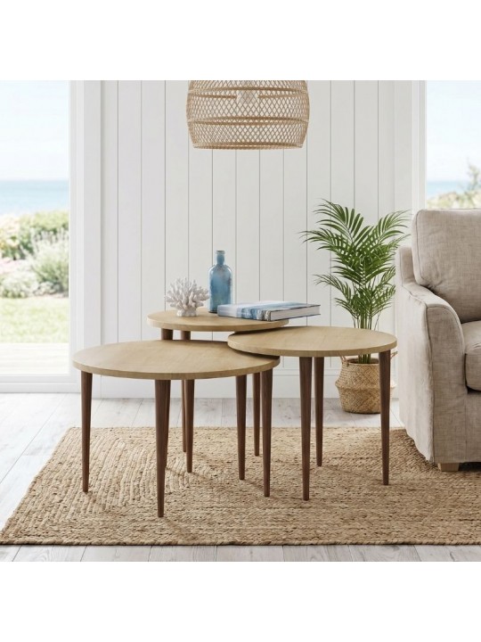 Τραπεζάκι σαλονιού σετ 3 τμχ Nola Megapap χρώμα sapphire oak Ø60x46εκ.