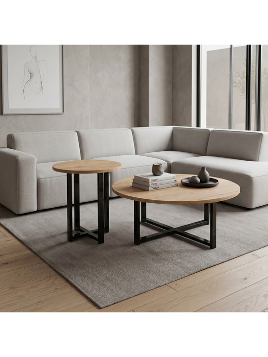 Τραπεζάκι σαλονιού σετ 2 τμχ Mesa Megapap χρώμα sapphire oak Ø90x35,5εκ.