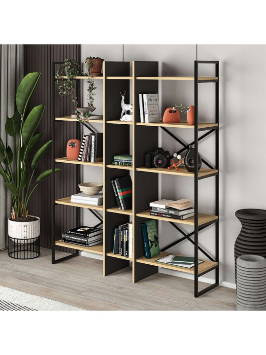 Βιβλιοθήκη Detroit Megapap χρώμα sapphire oak - silky black 143,5x35,2x175εκ.