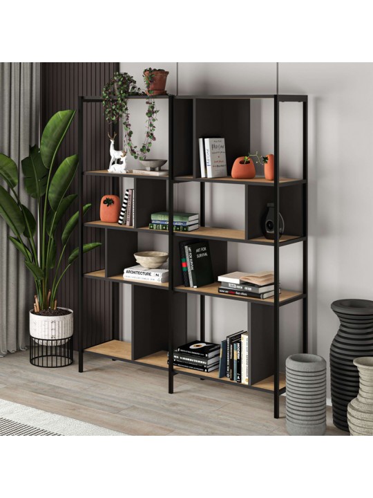 Βιβλιοθήκη Maxi Megapap χρώμα sapphire oak - silky black 144x35x175εκ.