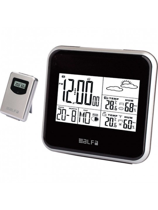 Μετεωρολογικός σταθμός ET852C Alfaone Επιτραπέζιος με ρολόι και μέτρηση εξωτερικής θερμοκρασίας+υγρασίας Μαύρο-Silver