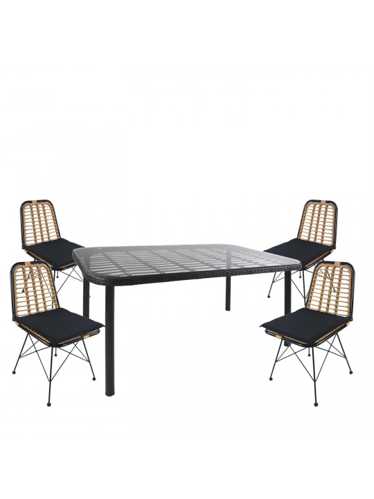 Σετ Τραπεζαρία Κήπου ArteLibre AMPIUS Μαύρο Μέταλλο/Rattan/Γυαλί Με 4 Καρέκλες 14990373