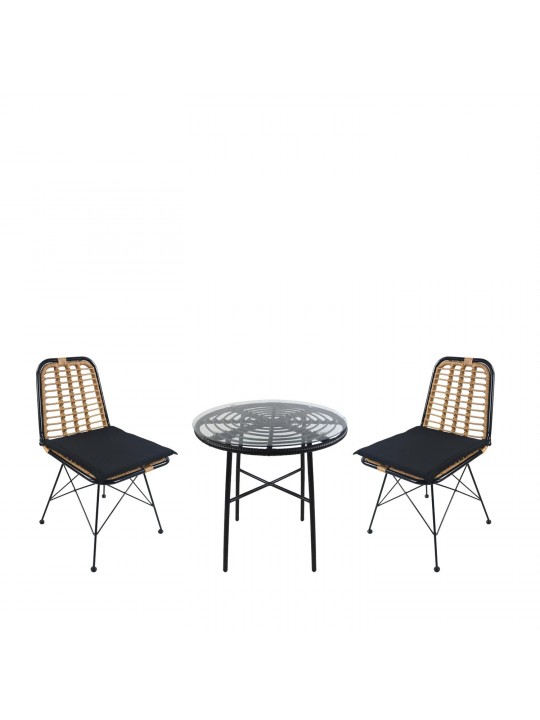 Σετ Τραπεζαρία Κήπου ArteLibre APPIUS Μαύρο Μέταλλο/Rattan/Γυαλί Με 2 Καρέκλες 14990376
