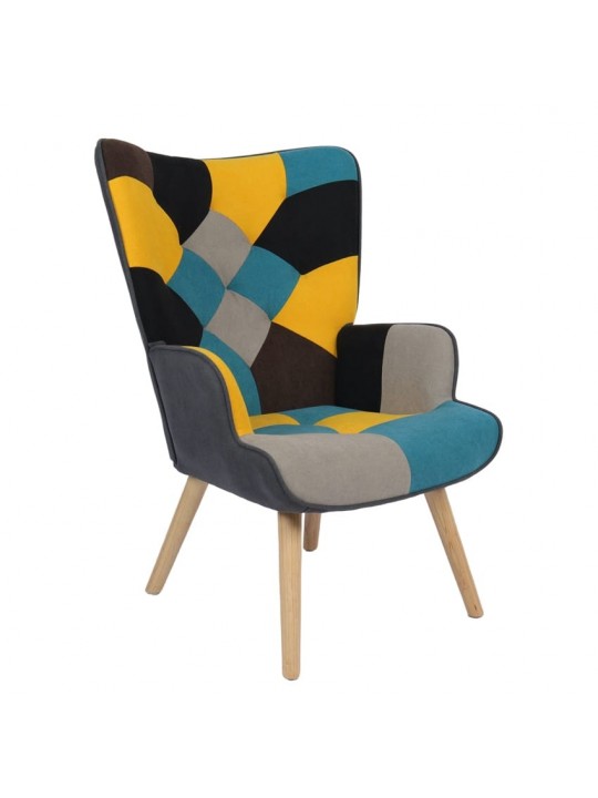 Πολυθρόνα ArteLibre BRIAR Κίτρινο/Μπλε Patchwork Ύφασμα/Ξύλο 73x69x96cm