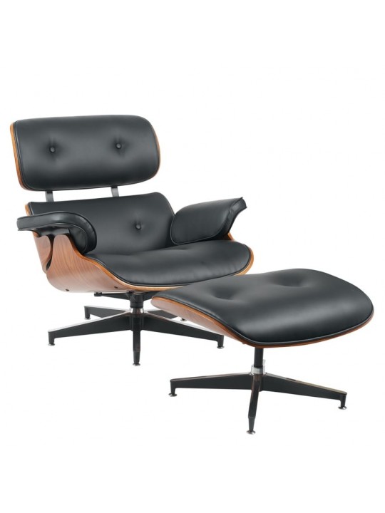 Πολυθρόνα Relax ArteLibre MIREN Με Υποπόδιο Μαύρο/Καφέ Ξύλο/PU 82x92x78cm